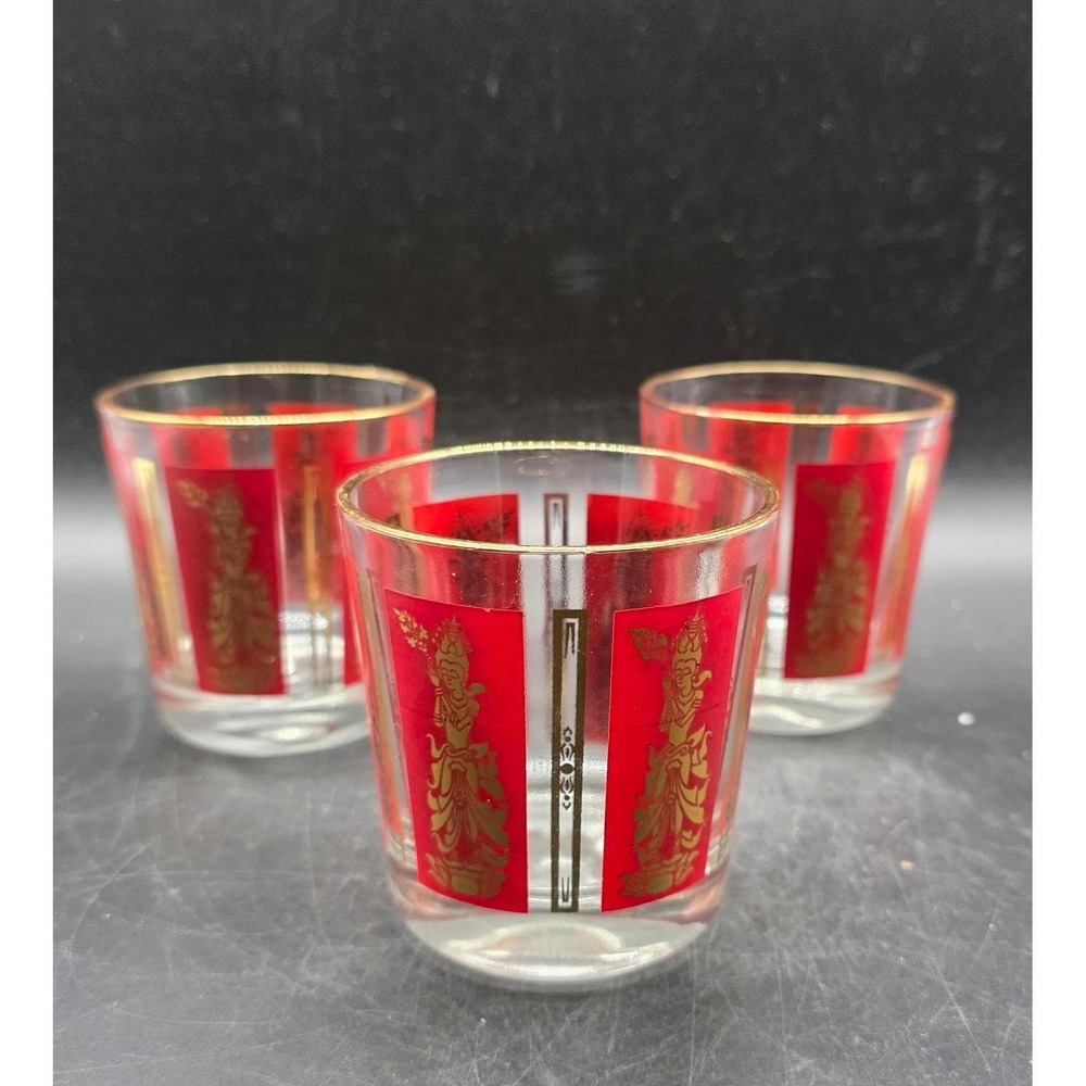 Vintage‎ Thai Goddess Rocks Glasses Red Gold Gilt Set/3 Asian Deity Barware